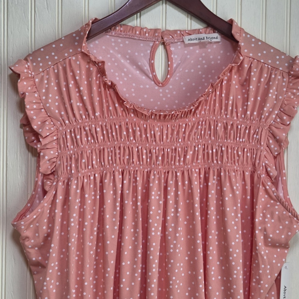 Above And Beyond Blouse Womens Plus 3X Pink Crew Neck Sleeveless Polka Dot Tunic